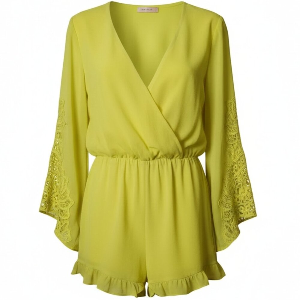 Entro Yellow Lace Sleeve Romper Small Boho Bell Sleeve Ruffle Hem Festival